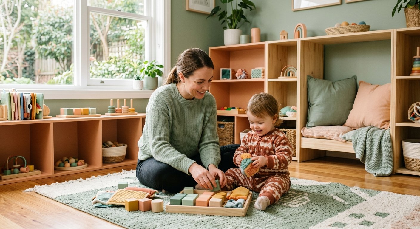 Ambiente acolhedor de cuidado infantil com brinquedos sensoriais